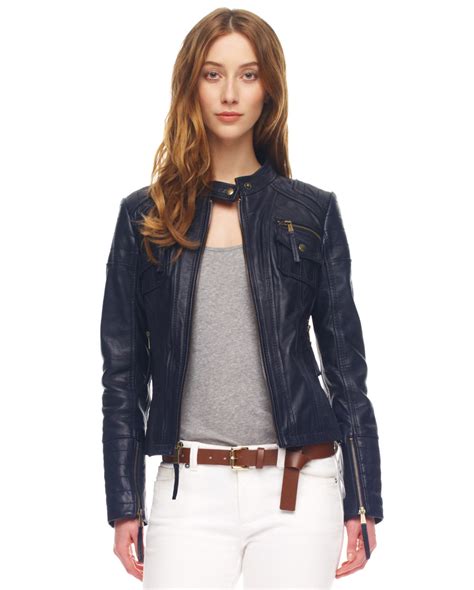 michael kors navy blue leather jacket|Michael Kors leather jacket women's.